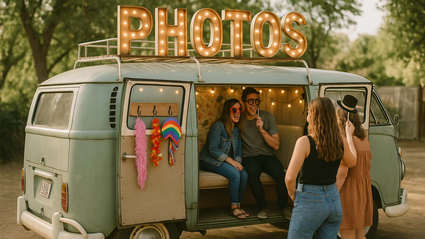 sage green VW bus being used as a photo booth